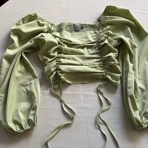 ARULA Green Ruched Smocked Balloon Sleeve Crop Blouse Top 1X